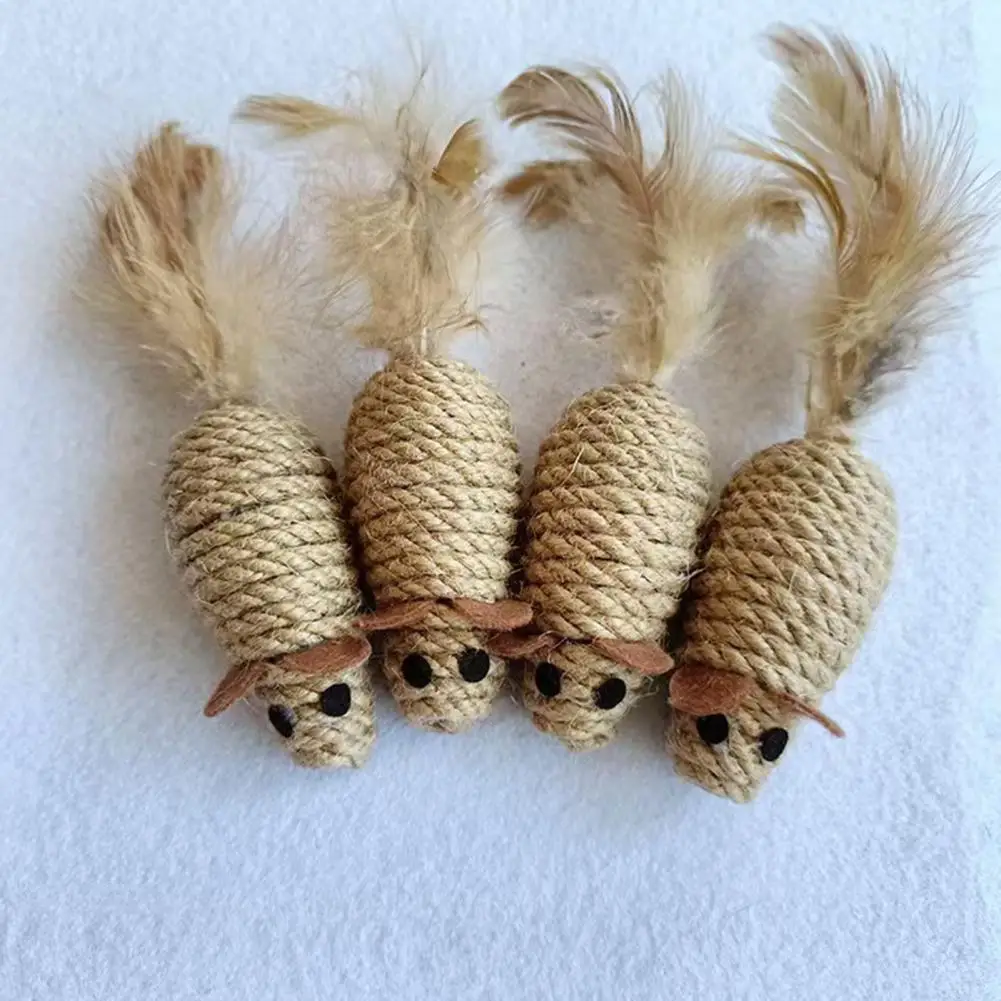 Handwoven Hemp Rope Mice Cat Toy With Natural Feather And Jingling Bell - Interactive Play For Cats, Durable And Fun Pet Toy