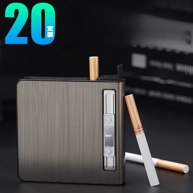 2024 Automatic Pop-Up Cigarette Case with Inflatable Lighter Holds 20 Cigarettes Anti-Pressure Metal Cigarette Case Gift for Men