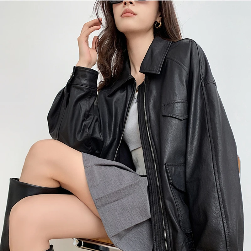女性のシープスキンコート秋冬女性メイラードカラージッパーポケットルーズショートリアルレザーボンバージャケットジャッケンダム