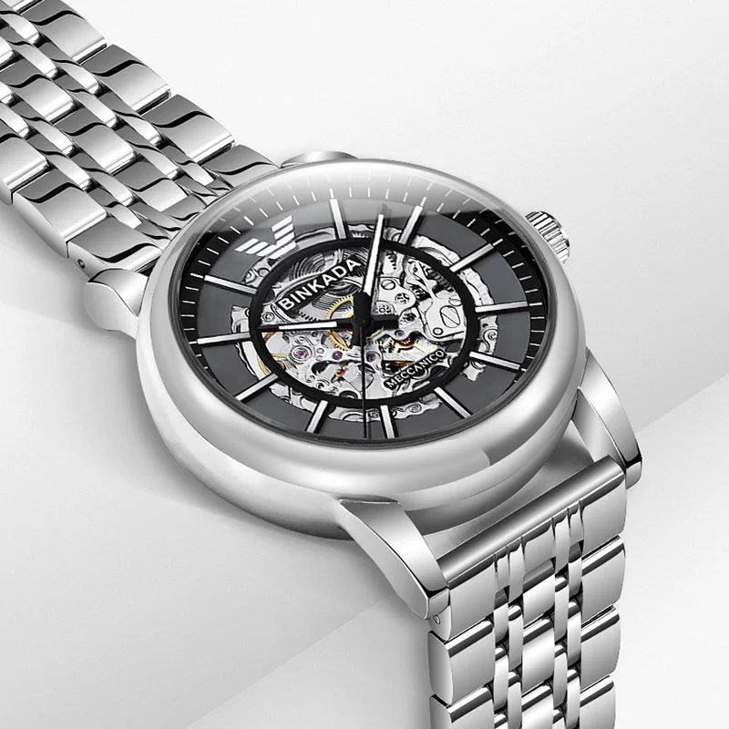 

BINKADA Brand Luxury Mechanical Watches for Men Fashion Black Steel Skeleton Luminous Waterproof Automatic Tourbillon Watches