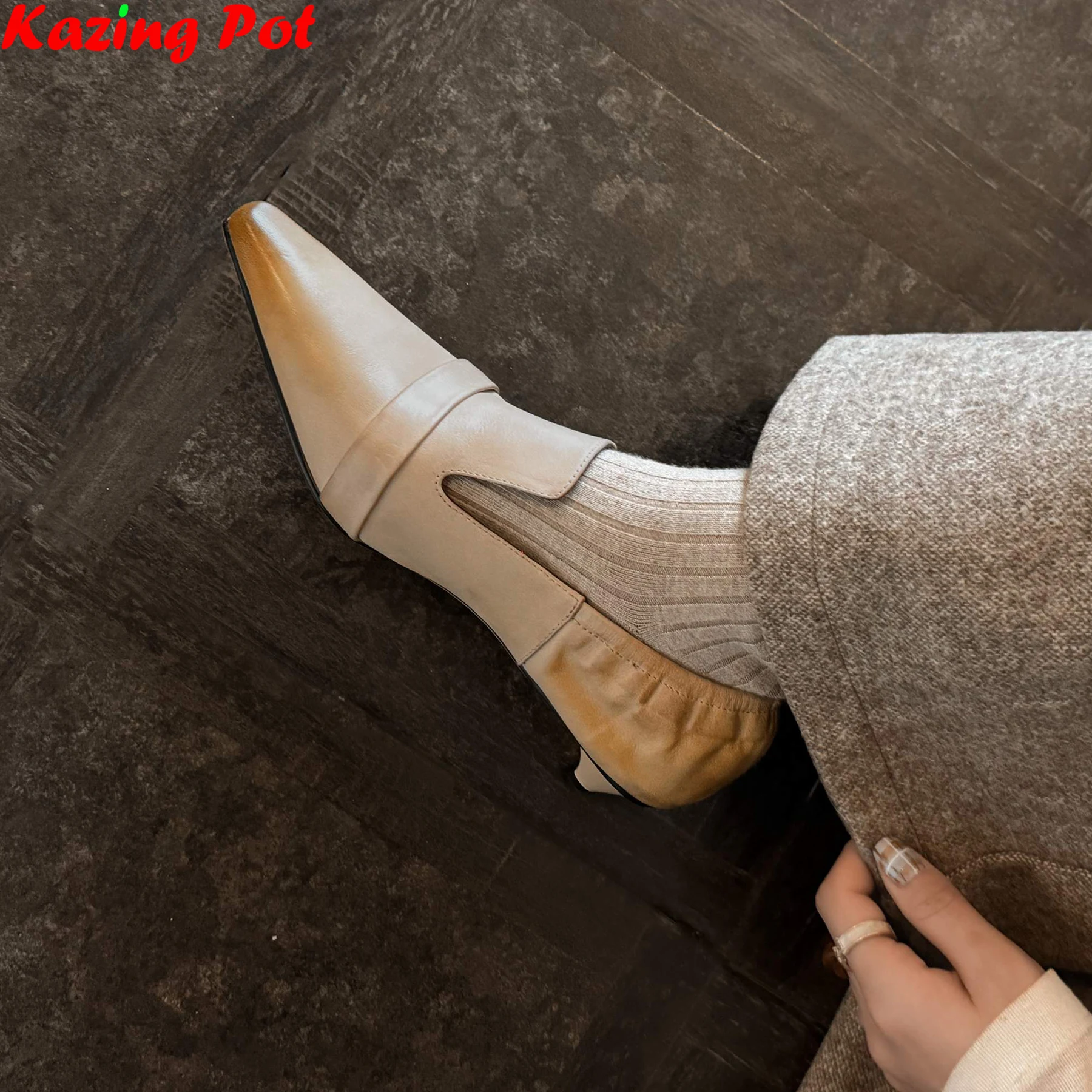 

Plus Size Genuine Leather Pointed Toe Med Heels Spring Autumn Shoes Dating Shallow Retro Casual Dress Party Brand Women Pumps