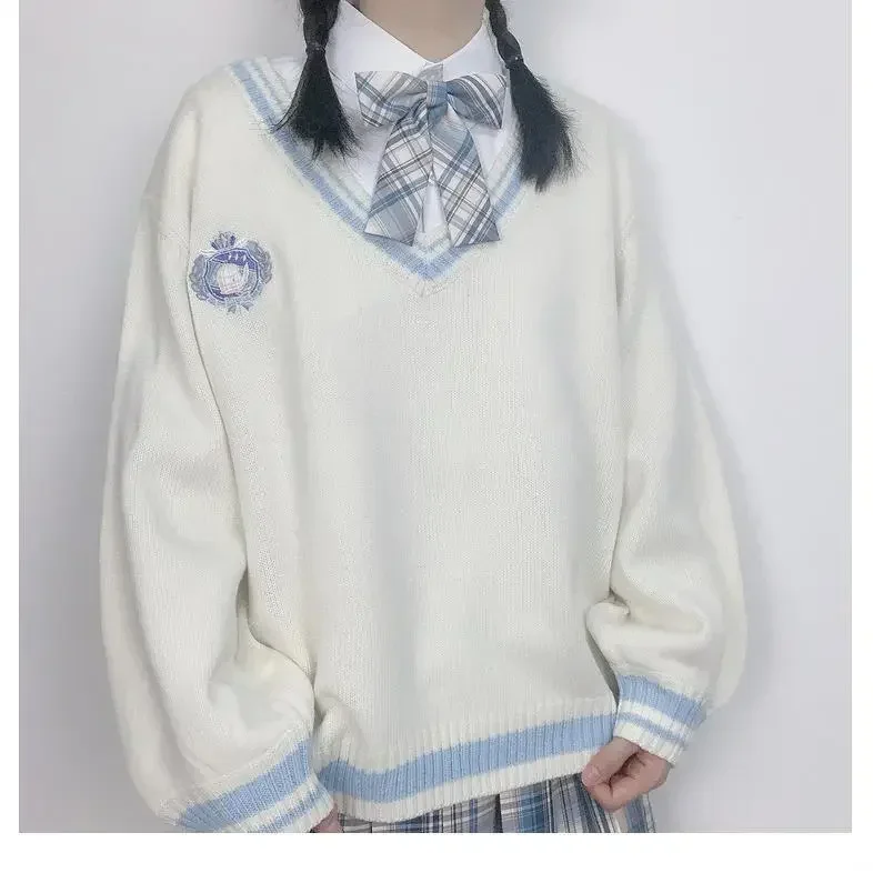 Jersey holgado de punto para mujer, jersey con cuello en V, estilo uniforme japonés, suéter dulce, Tops para estudiantes universitarios, ropa de exterior coreana