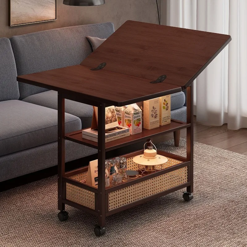 Mobile Coffee Table Foldable Table Living Room Household Dining Table Dual-purpose Solid Wood Medieval Cart Coffee Table