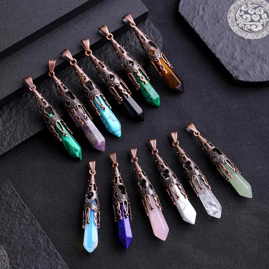 Crystal Hexagon Stone Pendulums For Dowsing Divination Natural Healing Amethysts Rose Quartz Black Agate Pendant Energy Pendulos