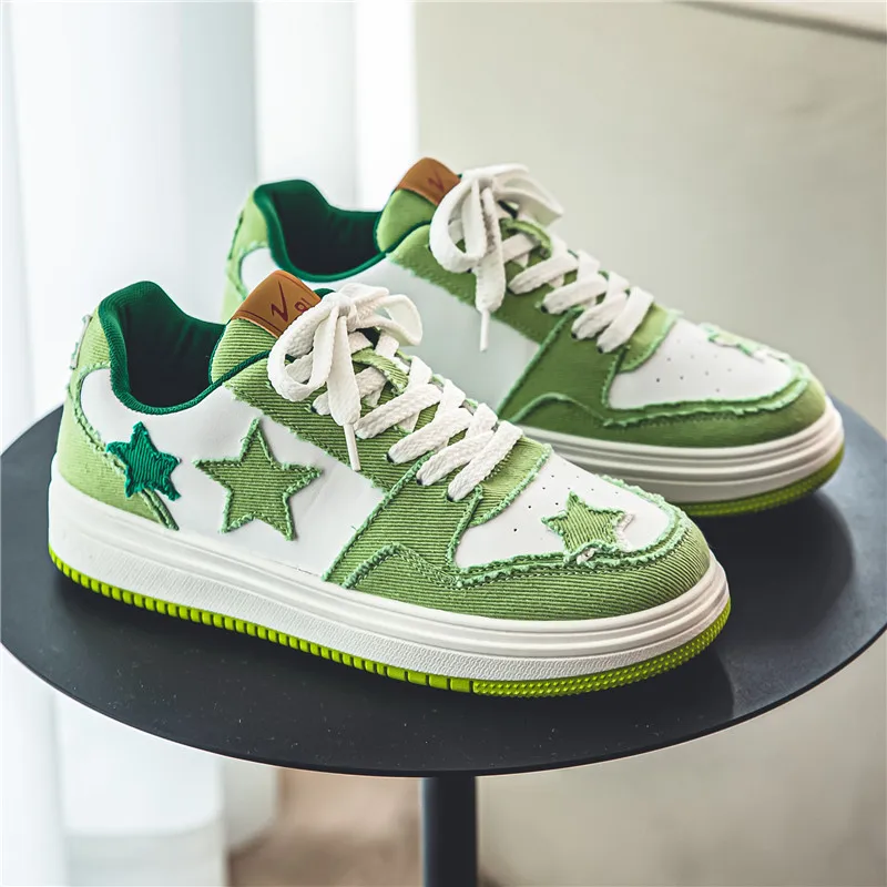 Big Size 35-44 Trendy Green Star Skateboard Shoes Unisex Non-slip Men's Casual Sports Shoes Chunky Skateboarding Sneakers  Women