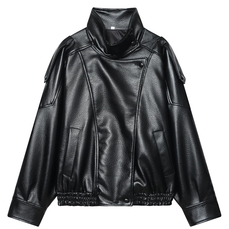 Giacca da donna in ecopelle con cerniera Giacca nera da mezza stagione 2025 Cappotto autunnale Colletto alla coreana da strada Capispalla da locomotiva da donna