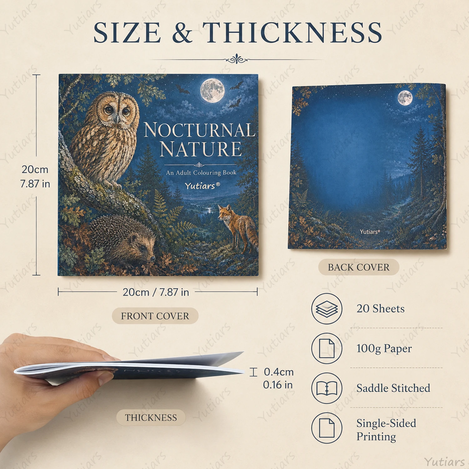 Nocturnal Animals Adult Coloring Book, Owl Fox Hedgehog Forest Illustrations, Single-Sided Detailed Pages for Creative Relaxing