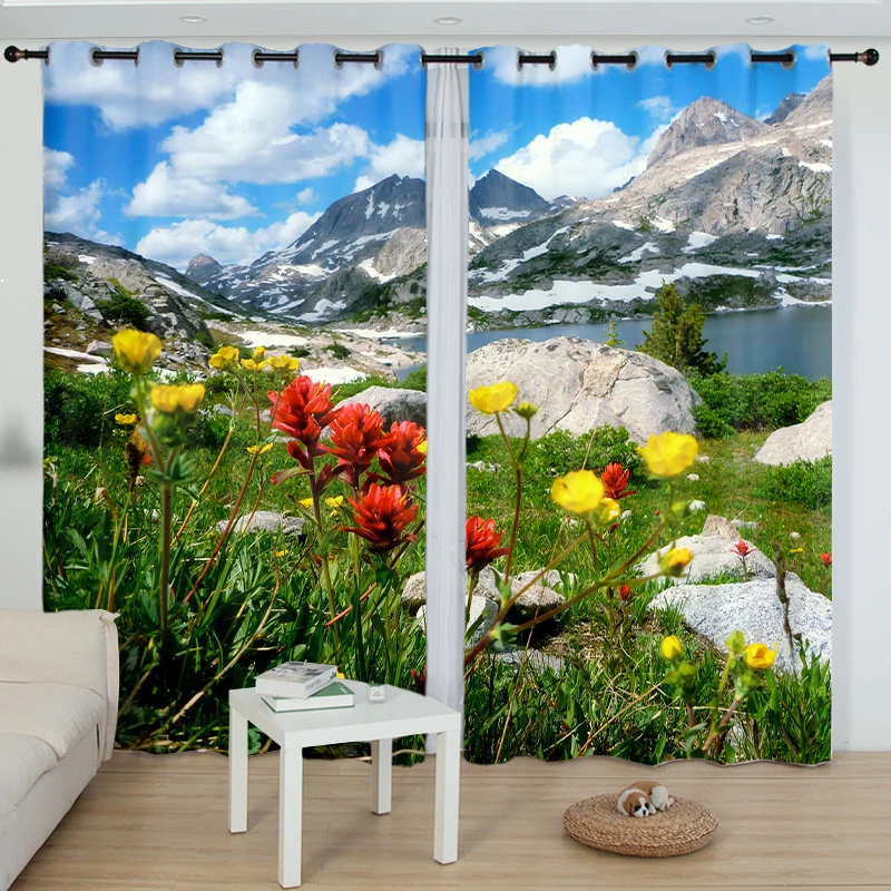 2PC Beautiful Scenery Curtain Snow Mountain Forest River Printed Curtain for Bedroom Living Room Kitchen Shutters Blinds Window