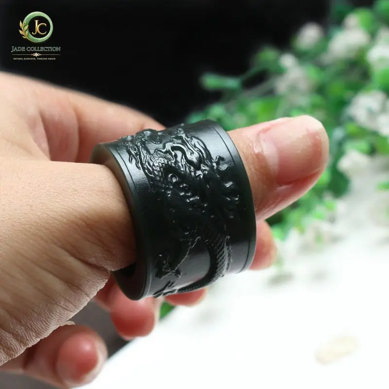 Natural Nephrite Green Jade Dragon Ring Men Women Healing Gemstone Fine Jewelry Genuine Chinese Hetian Jade Thumb Ring Wide Band