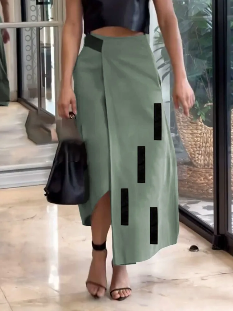 Lemongor Women A-Line Skirts 2025 New Autumn Fashion Asymmetrical Patchwork Split-Joint Pockets Casual Elastic High Waist Skirt