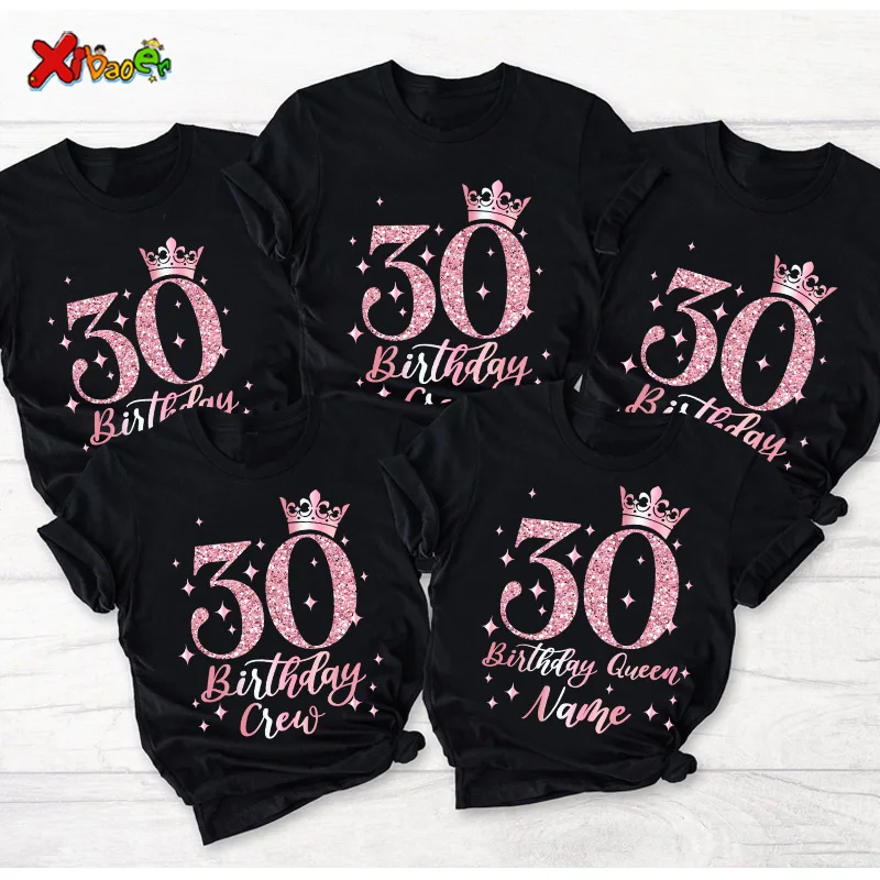 30th Birthday Queen Shirt Family Matching Outfit Pink Crown Birthday Crew Shirt 20th Party Custom Name Shirt 40th Birthday Squad