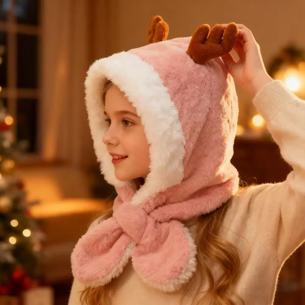 Baby Hat Winter Warm Thickened Plush Antler Design Windproof Temperature-Locking Soft Baby Outdoor Cap with Scarf Design шляпа