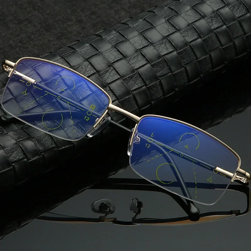 

High Quality Progressive Reading Glasses Multifocal Men Women Anti Blue Light Magnifying Presbyopic Glasses Half Frame gold