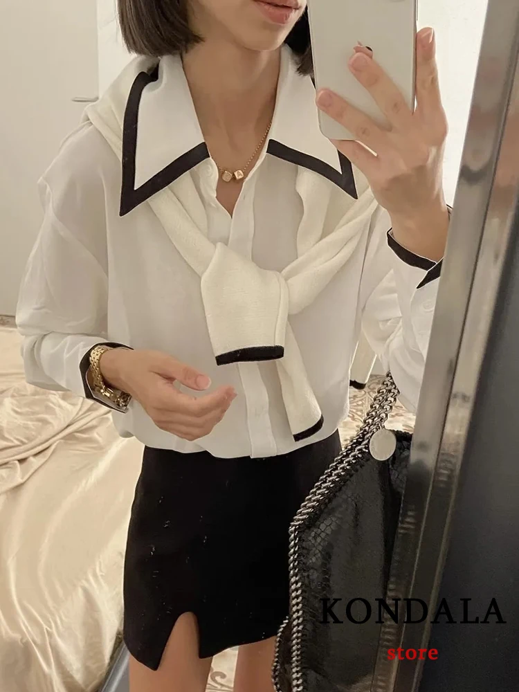 KONDALA Office Lady White Chiffon Shirts Women Long Sleeve Patchwork Collar Blouses Fashion 2022 Vintage Elegant Mujer Tops