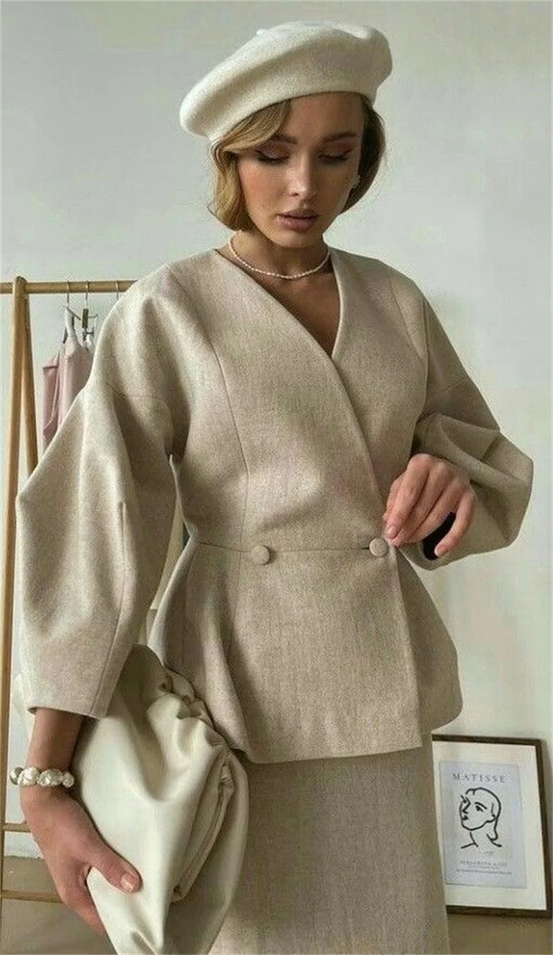 Costumes en cachemire beige pour femmes, ensemble jupe et blazer en laine, robe de Rhlongueur rinçage, veste formelle à double boutonnage, tenue sur mesure, 2 pièces