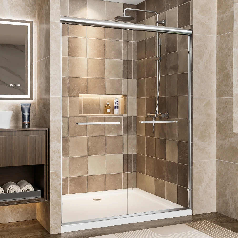 

50-54W×72H Chrome Aluminum Dbl Sliding Shower Door,1/4"(6mm)Clear Glass w/ Explosion Film,Dual SS Handles