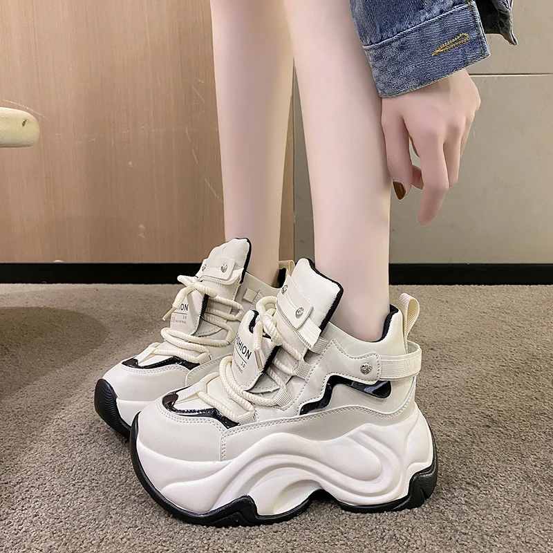 8CM Thick Bottom Chunky Sneakers 2023 New Autumn Women High Platform Sports Shoes Woman Casual Wedges Leather Dad Shoes Footwear