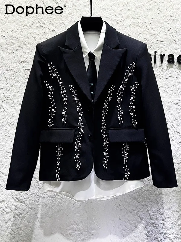 

2025 New Black High-end Heavy Embroidery Pearl Blazer Men's Trendy Fashion Loose Casual Short Jacket