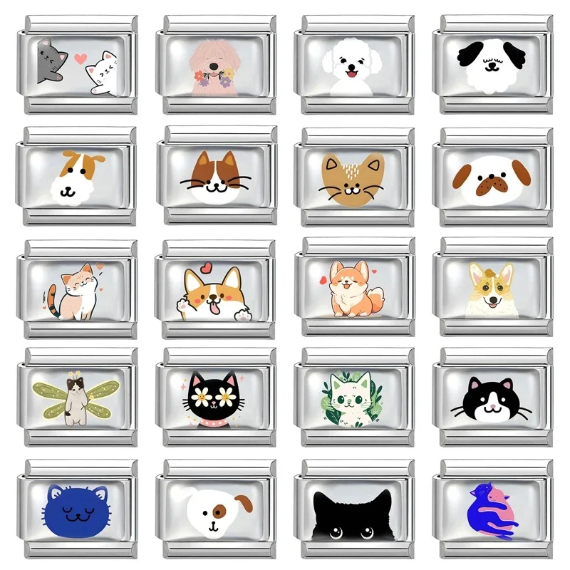2025 Original Cute Cartoon Colorful Pet Dog Black Cats Italian Charm Links Fit 9mm Stainless Steel Bracelet Men Women DIY Making