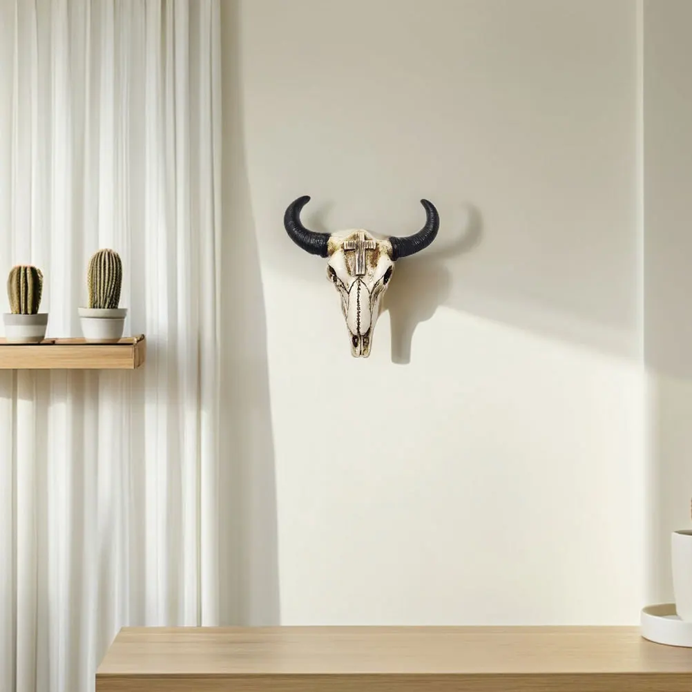 

Vintage Bull Horn Skull Wall Hanging Cross Design Resin Animal Decor Faux Skull Head Retro Wall Ornament Bullhead Decoration