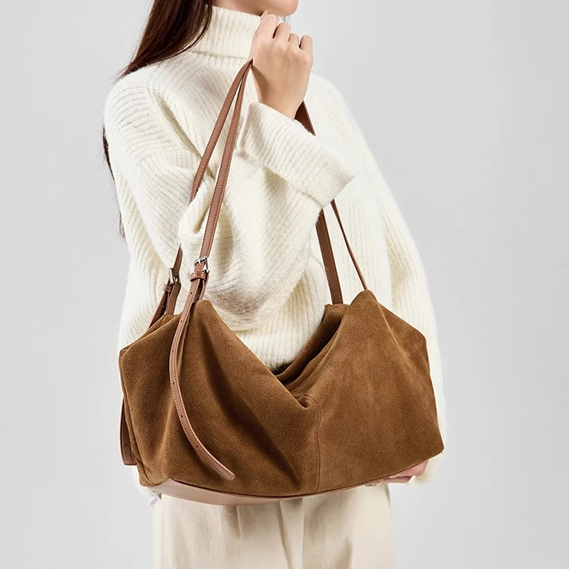 Damen-Umhängetasche aus Wildleder und echtem Leder, Damen-Umhängetasche aus mattiertem Rindsleder, weibliches Design, luxuriöse und faule Pendelhandtasche