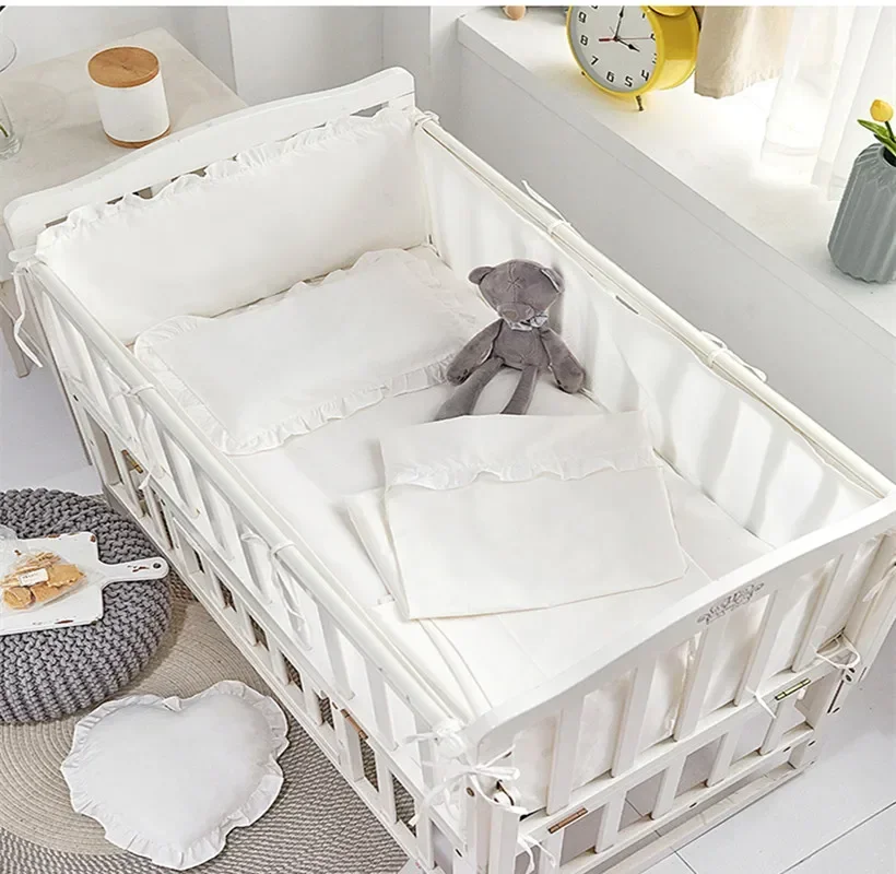 Baby Bedding Set Cotton Solid Pattern Infant Crib White Gray Lace Pillowcase Duvet Cover Newborn Cot Bed Flat Sheet Baby Bed Set