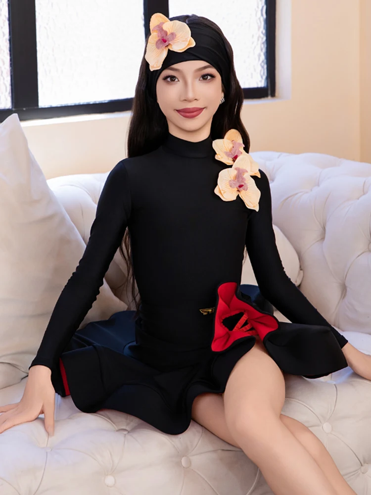 2025 novas roupas de competição de dança latina para meninas preto manga comprida saias grandes balanço terno chacha rumba trajes latinos xh3780