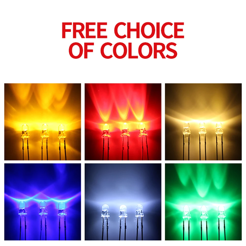1000pcs LED LED F3/3mm Round Head with Long Legs Transparent In-Line Lamp Beads, White, Red, Blue, Green, Yellow LED Lamp Beads