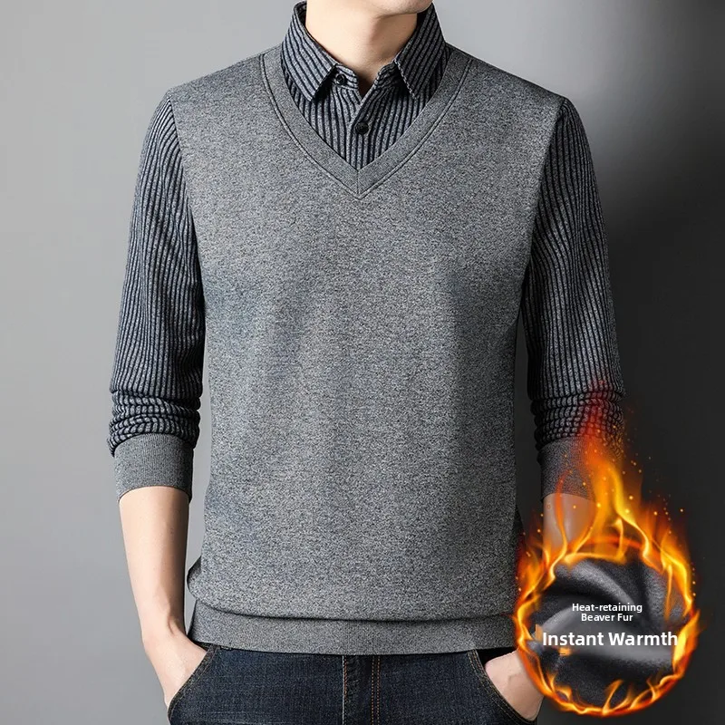 

Мужской вязаный свитер с начесом, повседневный, средней длины, двухслойный, теплый, из полиэфирного волокна