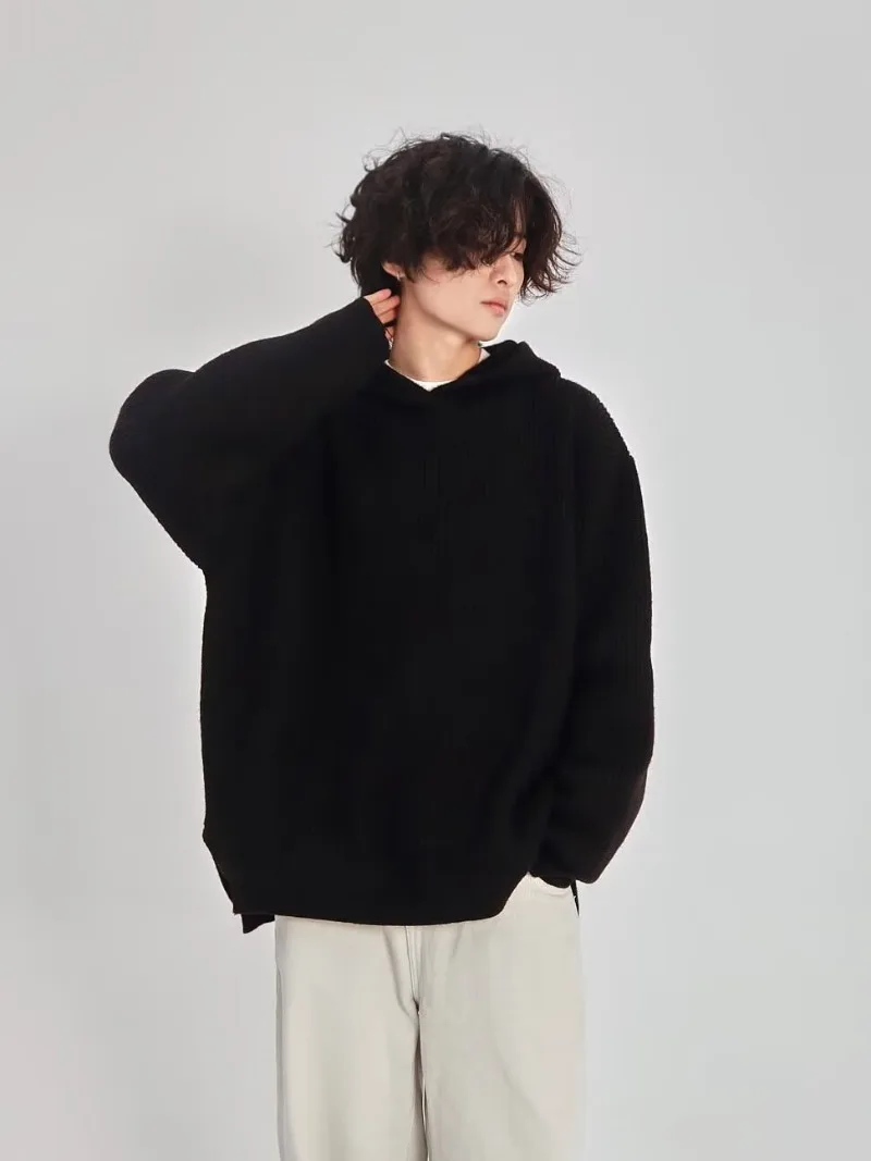 2026 Autumn Winter Simple Solid Color Knitted Men's Hoodie Tops Korean Fashion Casual Loose Hooded Sweatshirt Coats Streetwear