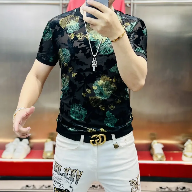 2024 Summer Flocking Flower T-shirt for Men Short Sleeve Casual T Shirt Business Social Streetwear Round Neck T-shirt M-4XL