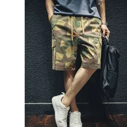 Summer thin section men's camouflage work shorts loose casual drawstring wear-resistant large size straight pants five pants
