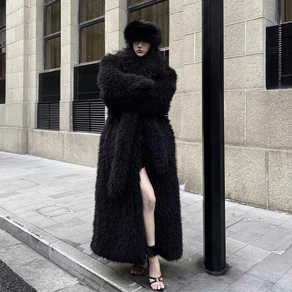 Runway Fur Coat For Women 2023 Imitation Fur Beach Wool Super-long Knee-high Jacket Ladies Elegant Black Long Winter Coat Female