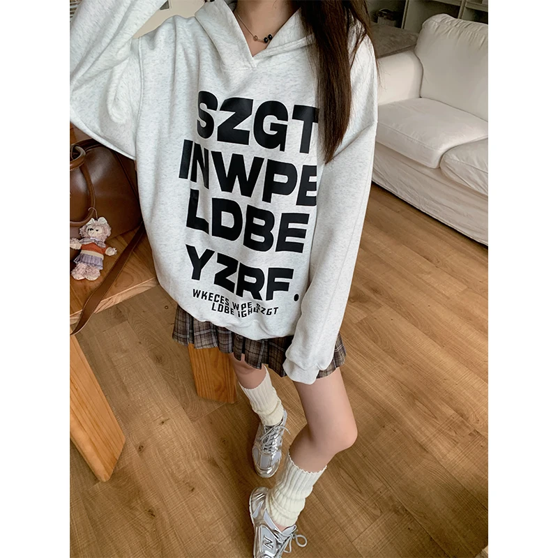 Solto ajuste longo sve carta impressão moletom feminino sle versão coreana outono nova chegada versátil feminino hoodie