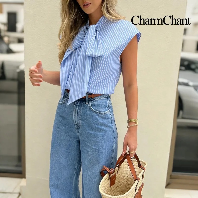 CHARMCHANT Women's Cotton Striped Stand Collar Bow Tie Sleeveless Loose Fit Blouse Elegant Casual Summer Daily Office Tops 2026