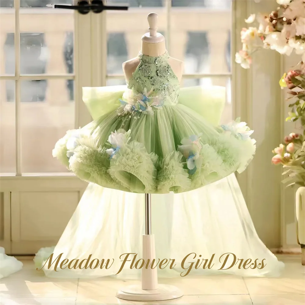 Meadow Pastel Mint Green Princess Girls Dress Neck Halter Ball Gown Party Tutu Dresses Light Green Sequin Tutu Fluffy Prom Gown