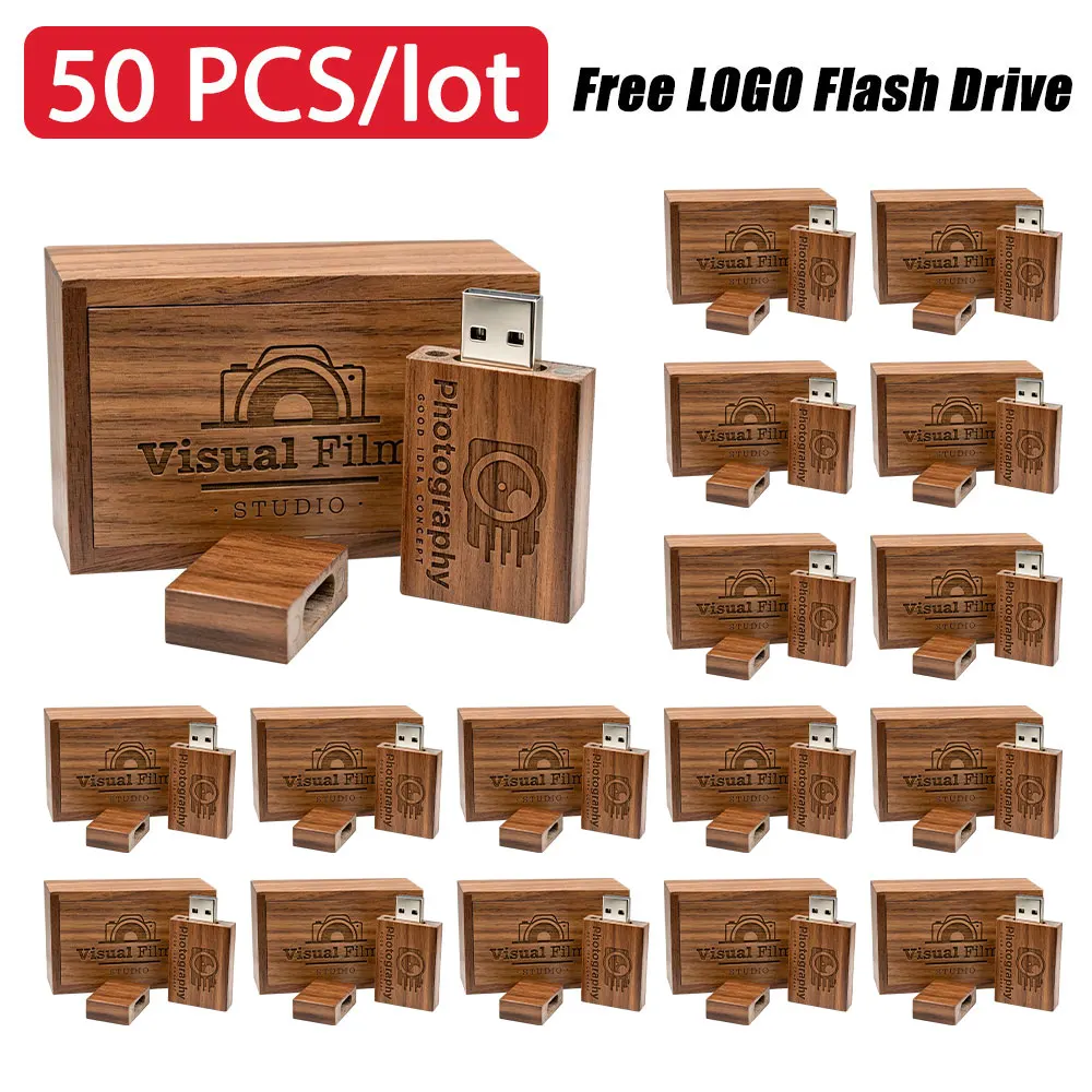 50pcs/Lot USB Flash Drive 2.0 Wooden Pendrive 4GB 8GB 16GB 32GB 64GB 128GB Memory Stick Wedding Gift (Customizable LOGO)