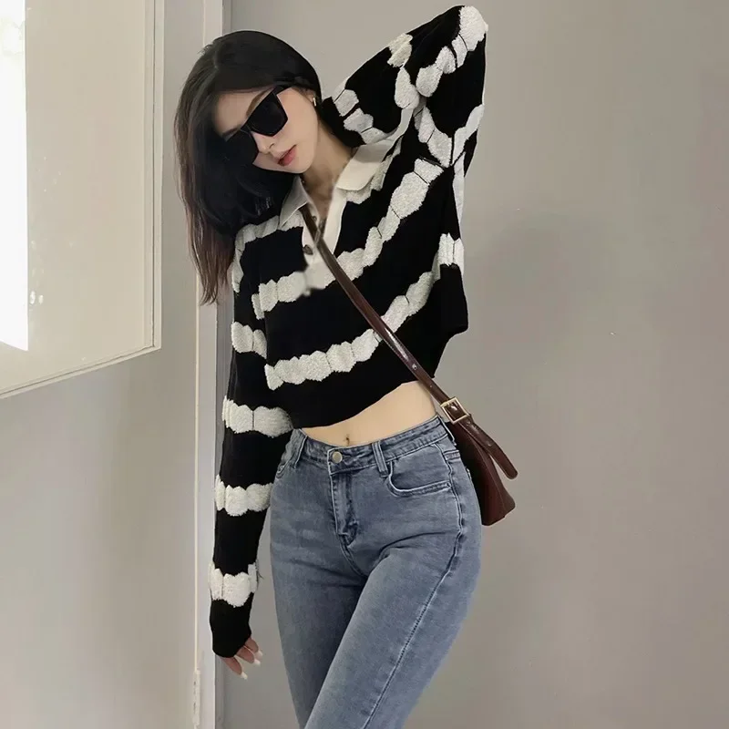 

Chic Women Pullover Sweater Striped Design Turn Down Collar All-match Loose Preppy Simple Japanese Style Spring Soft Trendy