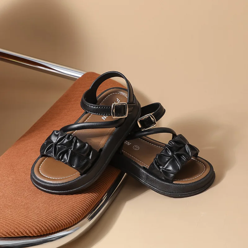 Summer Kids One-Strap Princess Sandals Soft-Soled Breathable Open-Toe Beach Shoes Girls Pleated Casual Sandals Everyday Casual