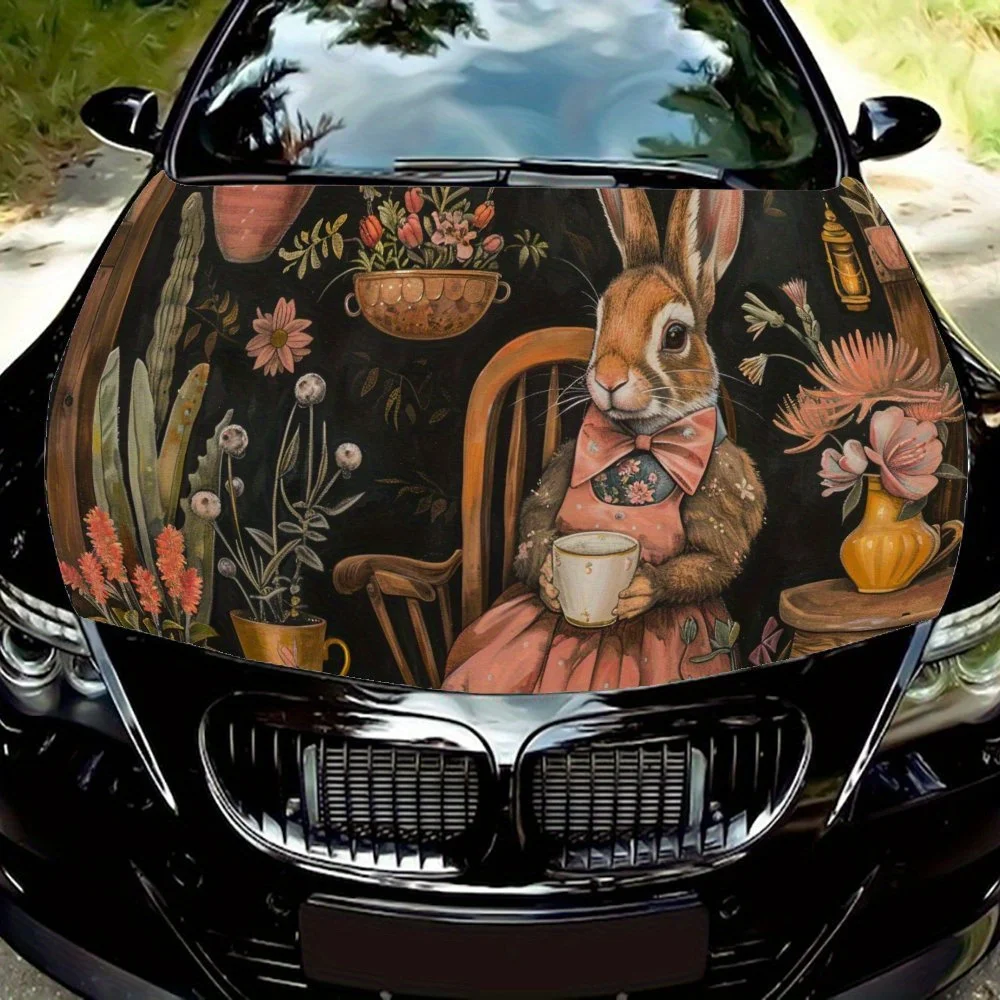 Restrained rabbit Print car hood stickers, waterproof self-adhesive, scratch resistant, easy to stick, durable car PVC stickers,