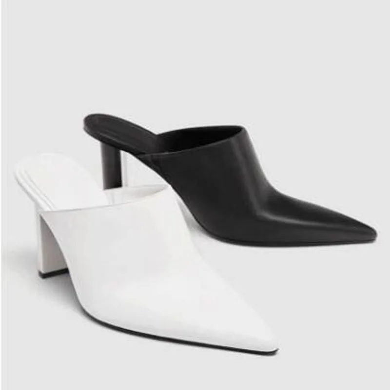 Picture 4: Summer Black White Matte Leather Pointed Toe High Heel Mules Women Pull On 8 CM Strange Heels Modern Half Slippers Shoes Lady
