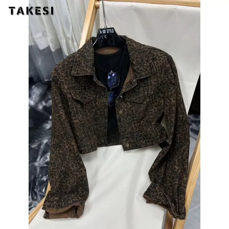 2024 Autumn Vintage Street Style 2 Piece Set Women Turn Down Collar Denim Shirt + Sheath Skirt Retro Leopard Two Piece Skirt Set