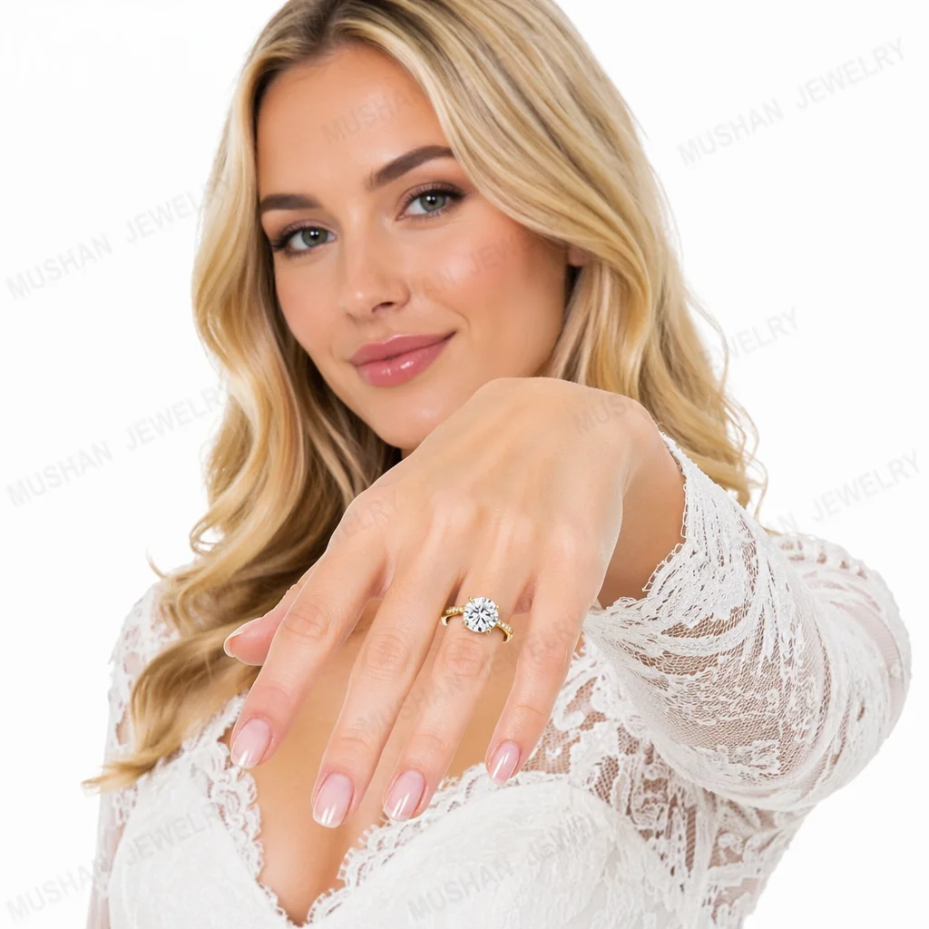 MuShan Luxury Jewelry 925 Sterling Silver Ring D Color Moissanite Anniversary Ring for Ladies 18K Gold Plated MST Patent Rings
