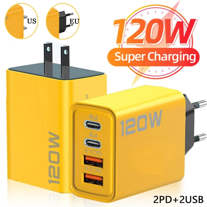 120W Fast Charging 4 Ports Mobile Phone Charger Dual PD Wall Adapter EU US Plug QC 3.0 USB Type C Chargers For Mi iPhone Samsung