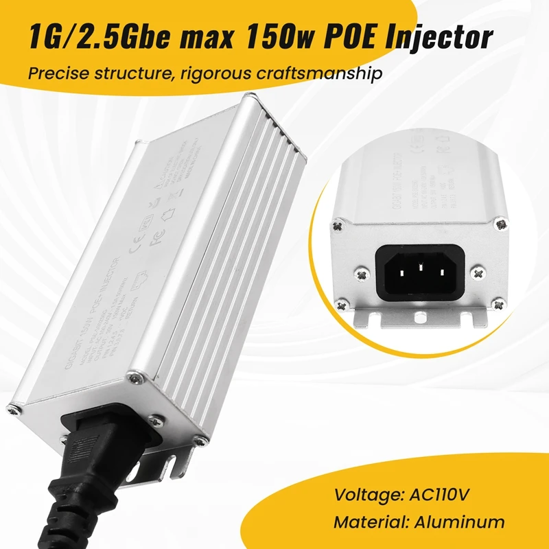 

For GEN2/GEN3 150W 2.5Gbe AC Power Supply POE Injector 110Vdc Input 48-57V Output US Plug-ABFT