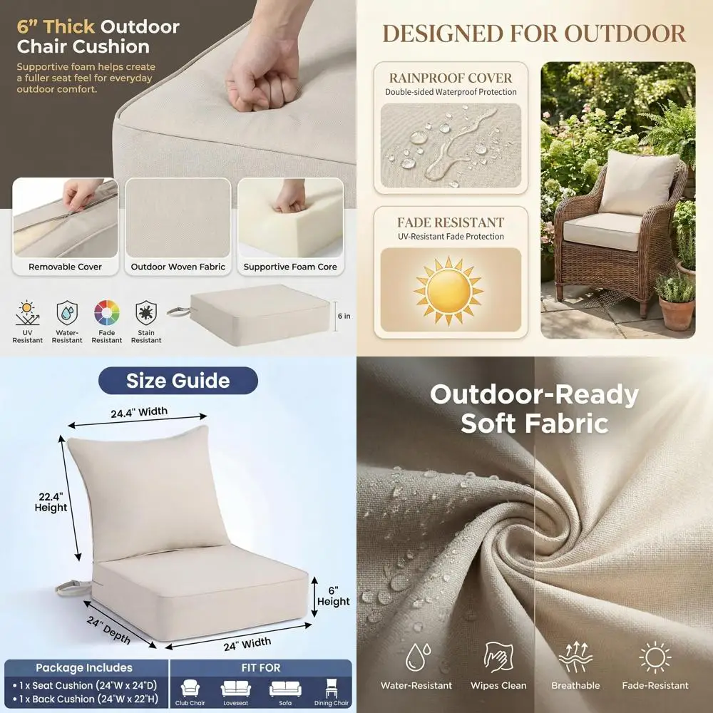 

24x24 Inch Outdoor Deep Seat Cushion Set, Water-Resistant Olefin Patio Chair Cushions With Overstuffed Back And Buckle Straps, 6