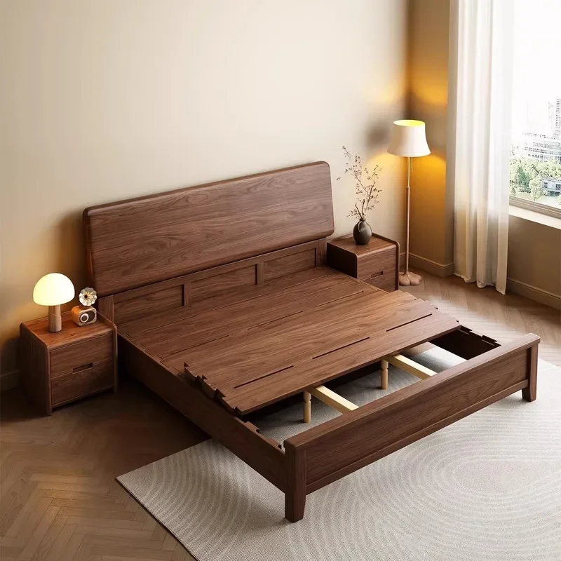 Modern Simple Walnut Solid Wood Bed 1.5m 1.8x2m Double Master Bedroom Large Bed with Tenon and Mortise Structure Full Wood