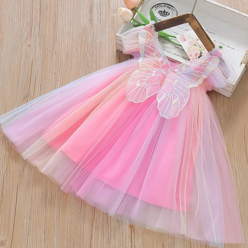 Vestidos casuais para meninas, vestido de gaze arco-íris, saia de malha com asa vertical e halter, roupas infantis, vestido de princesa para meninas