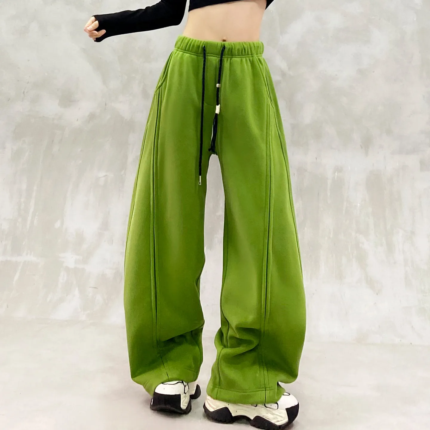Striped Panel Winter Pants Womens Thick Fleece Lined Barrel Leg Trousers High Waist Loose Fit for Cozy Casual Street Outfits