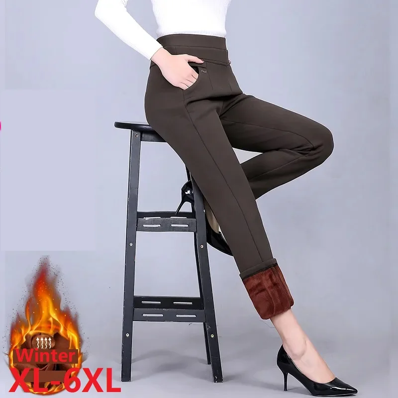 Autumn Women Trousers New High-Waist Elasticity Straight Pants Winter Velvet Warm Casual Long Pants Middle-aged Female Pants 6XL